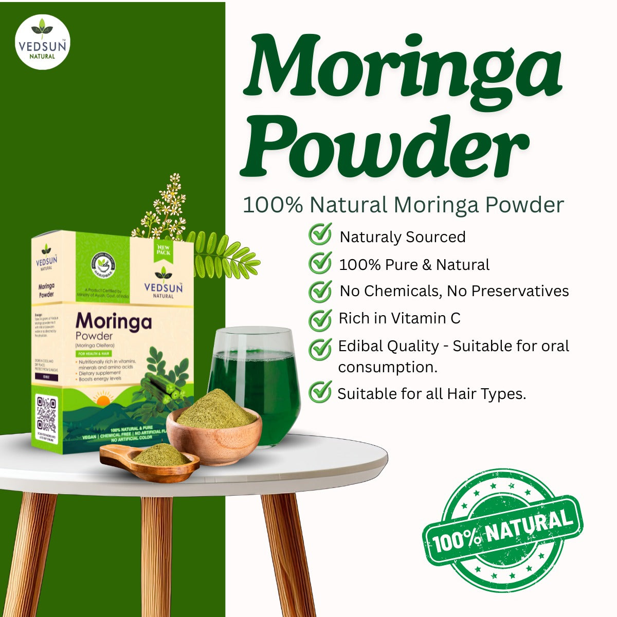 Moringa Powder by Vedsun – 100% Pure Leaf Powder for Energy, Immunity & Overall Health