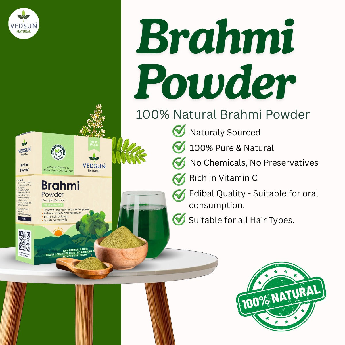 Vedsun Brahmi Powder 100gm  – 100% Pure Ayurvedic Herb for Memory, Focus & Mental Wellness