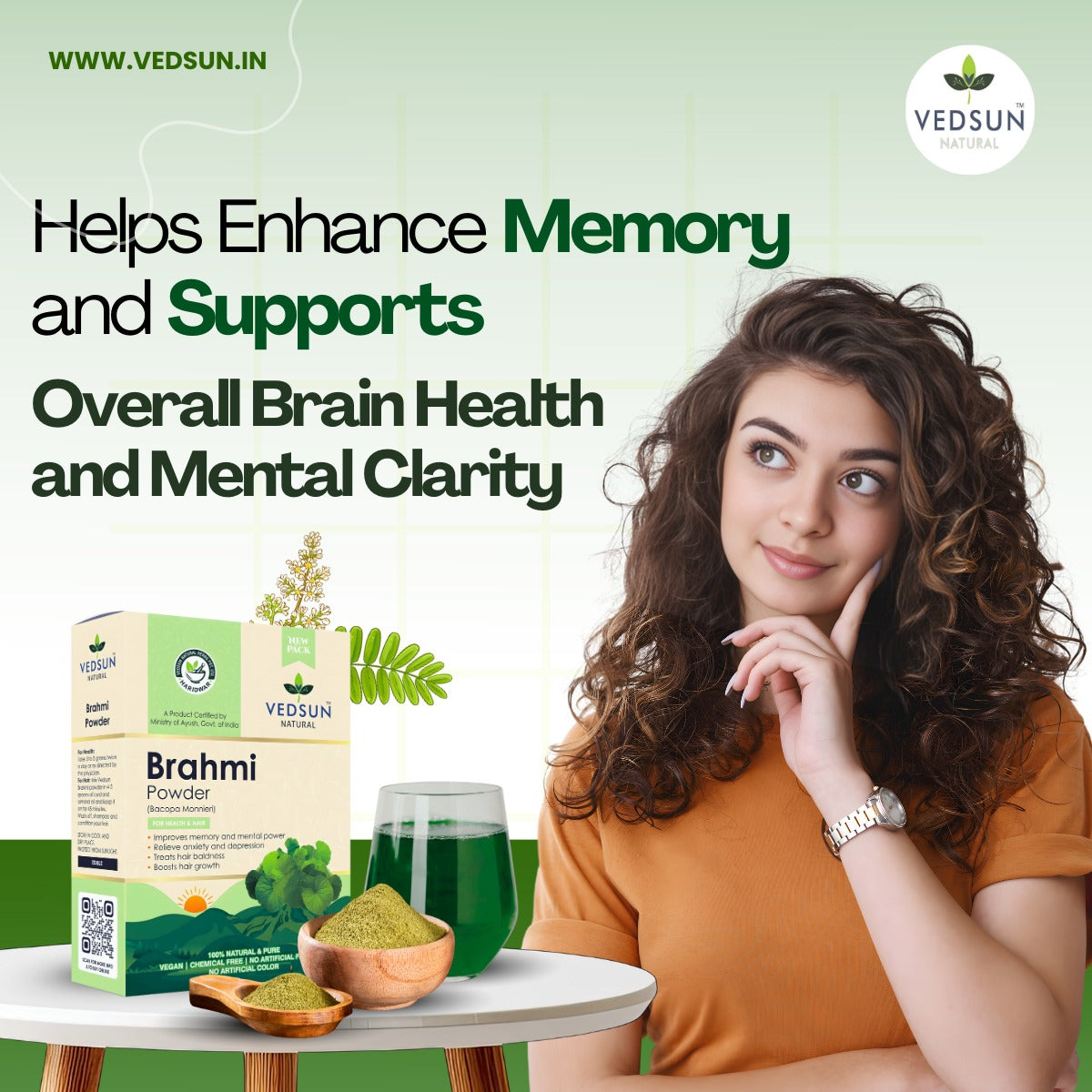 Vedsun Brahmi Powder 100gm  – 100% Pure Ayurvedic Herb for Memory, Focus & Mental Wellness