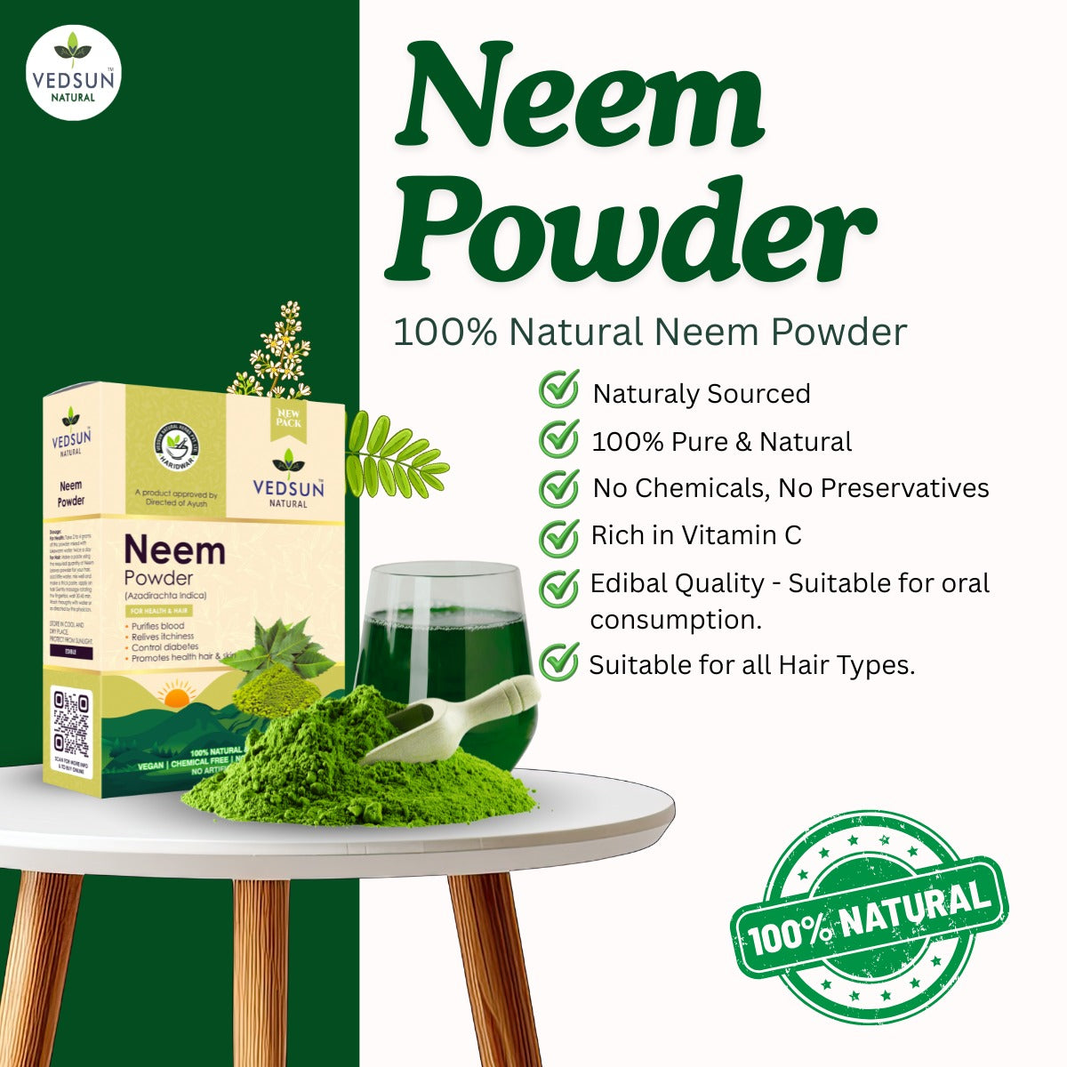 Neem Powder – 100% Pure Neem Leaf for Hair Care, Dandruff & Skin Health