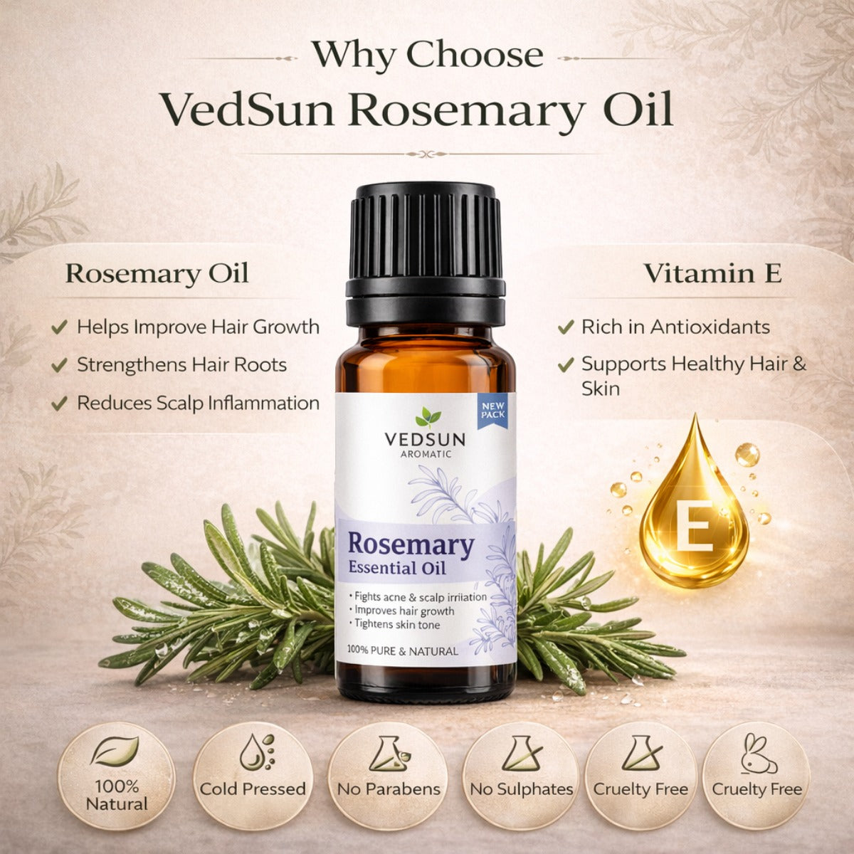 Rosemary Oil by Vedsun – 100% Pure Essential Oil for Hair Growth, Dandruff & Scalp Care