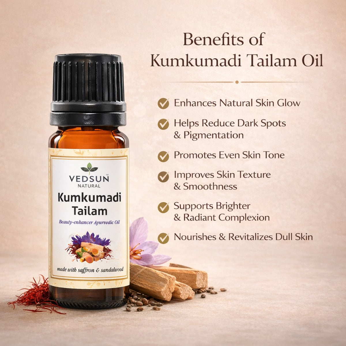 Kumkumadi Tailam by Vedsun – 100% Pure Ayurvedic Oil for Dark Spots, Pigmentation & Glow