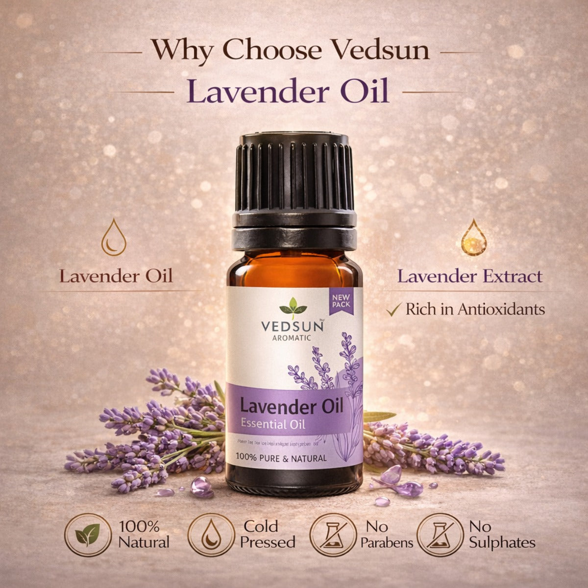 Lavender Essential Oil by Vedsun – 100% Pure Oil for Sleep, Stress Relief & Skin Care