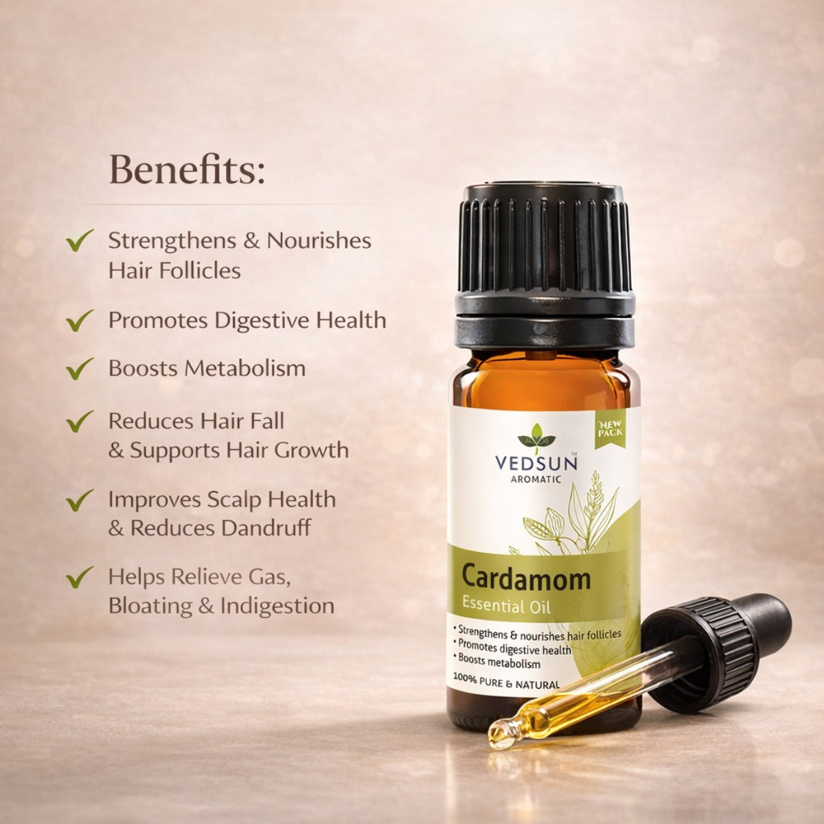 Cardamom Essential Oil by Vedsun – 100% Pure Elaichi Oil for Digestion, Stress & Breathing Support