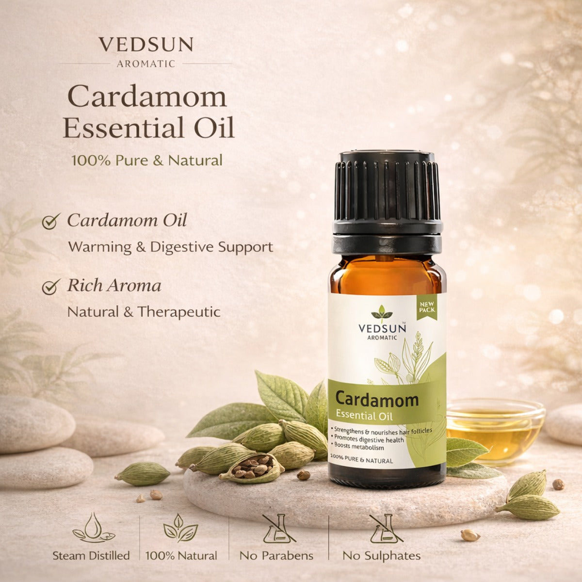 Cardamom Essential Oil by Vedsun – 100% Pure Elaichi Oil for Digestion, Stress & Breathing Support
