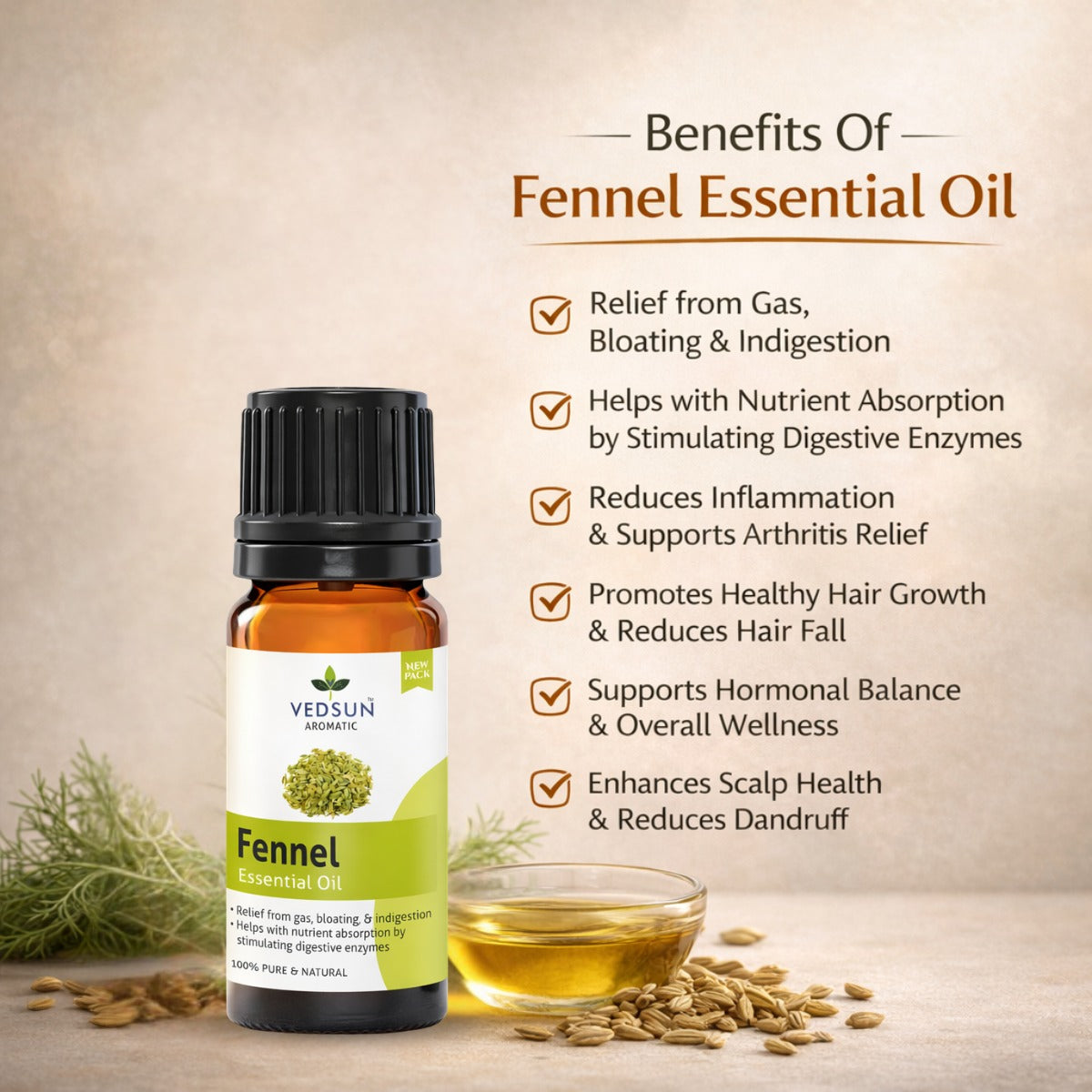 Fennel Essential Oil by Vedsun – 100% Pure Saunf Oil for Digestion, Detox & Stress Relief