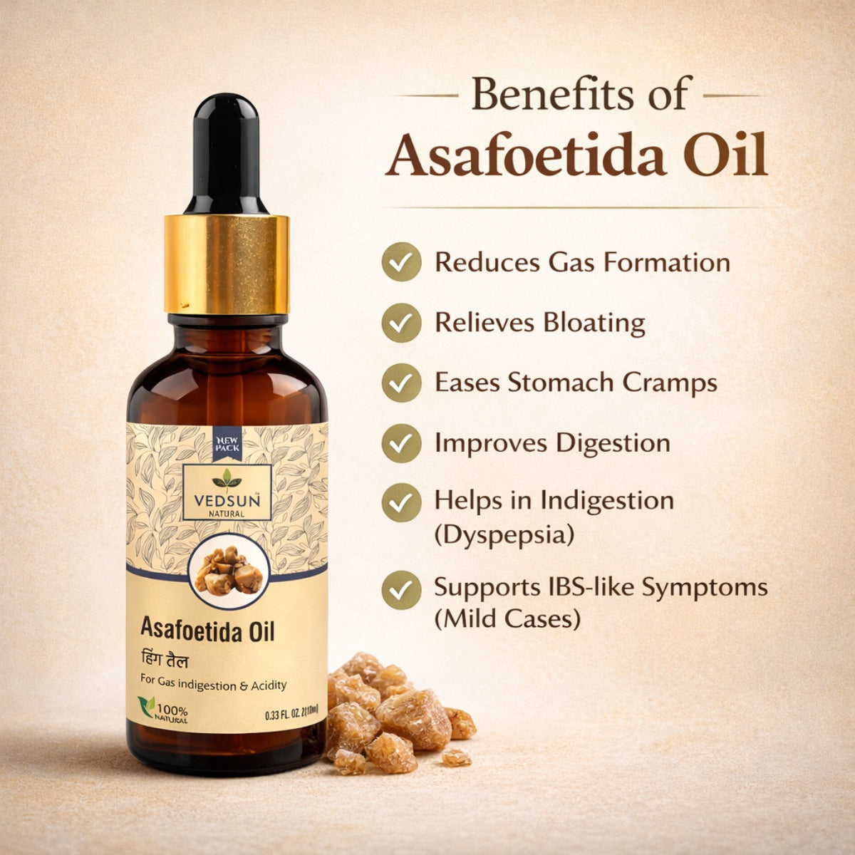 Asafoetida Oil by Vedsun – 100% Pure Hing Oil for Digestion, Gas Relief & Body Comfort