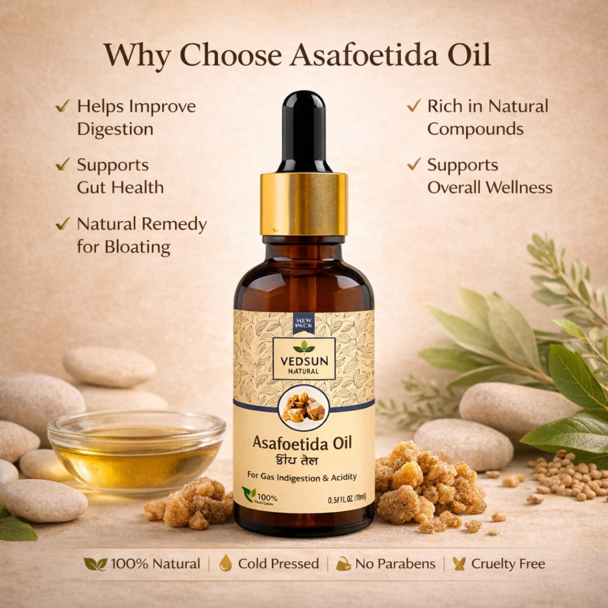 Asafoetida Oil by Vedsun – 100% Pure Hing Oil for Digestion, Gas Relief & Body Comfort