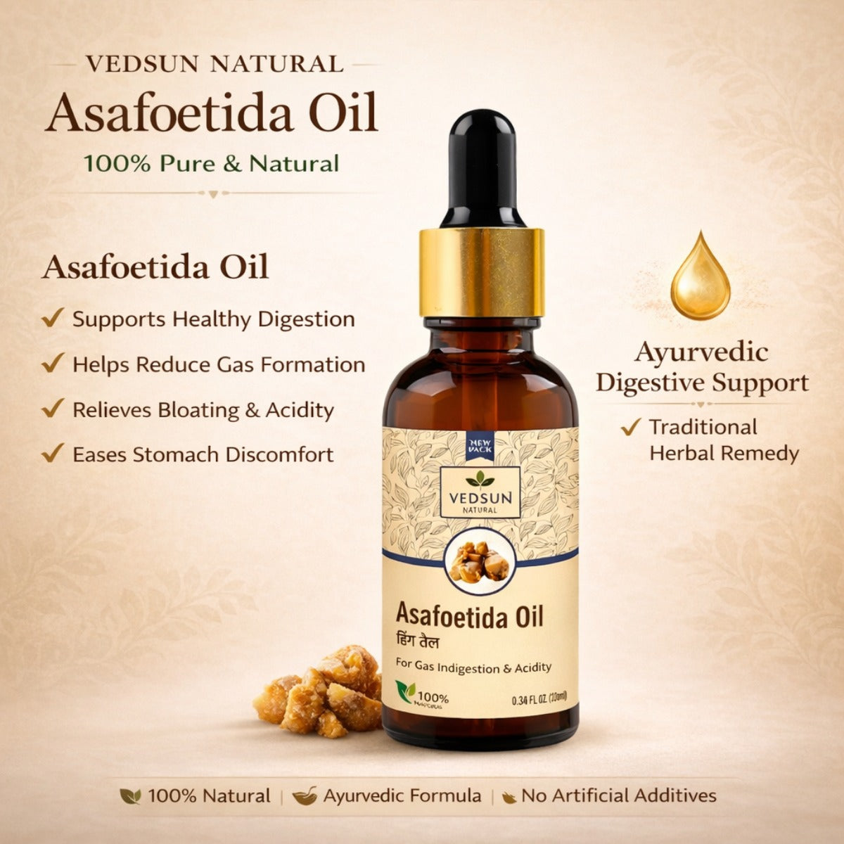 Asafoetida Oil by Vedsun – 100% Pure Hing Oil for Digestion, Gas Relief & Body Comfort