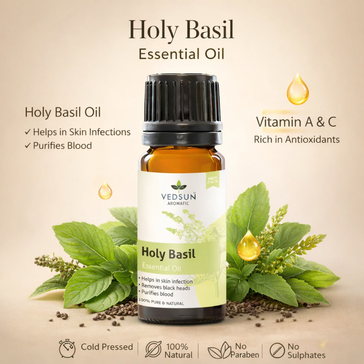 Holy Basil Oil by Vedsun – 100% Pure Tulsi Oil for Immunity, Stress & Breathing Support