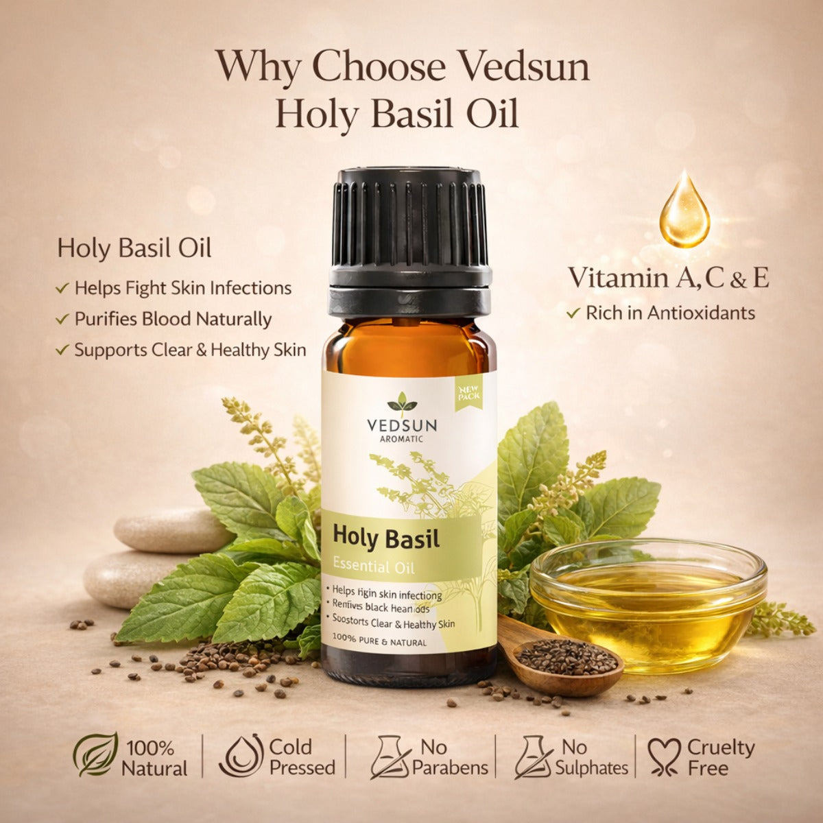 Holy Basil Oil by Vedsun – 100% Pure Tulsi Oil for Immunity, Stress & Breathing Support