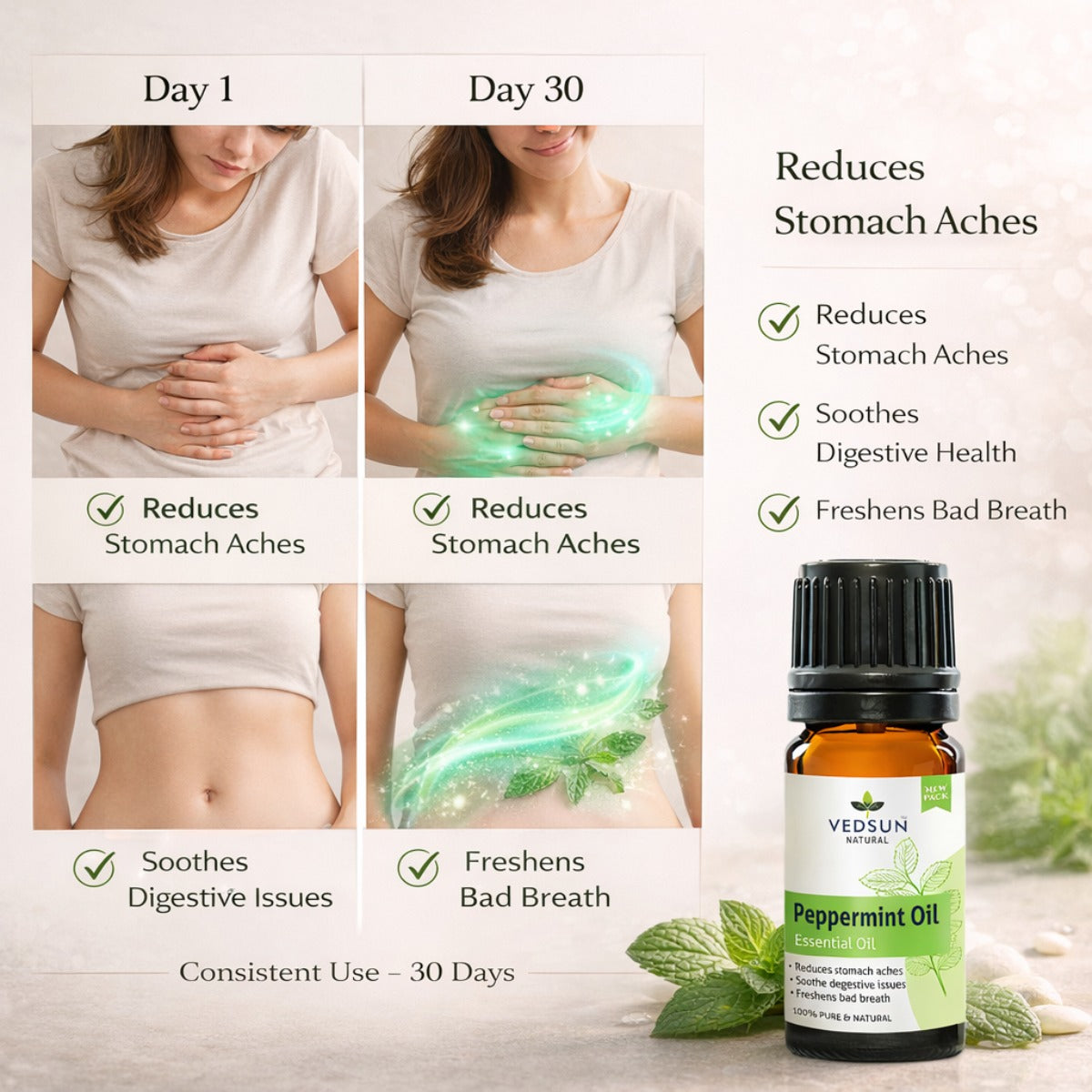 Peppermint Oil by Vedsun – 100% Pure Essential Oil for Headache, Digestion & Stress Relief