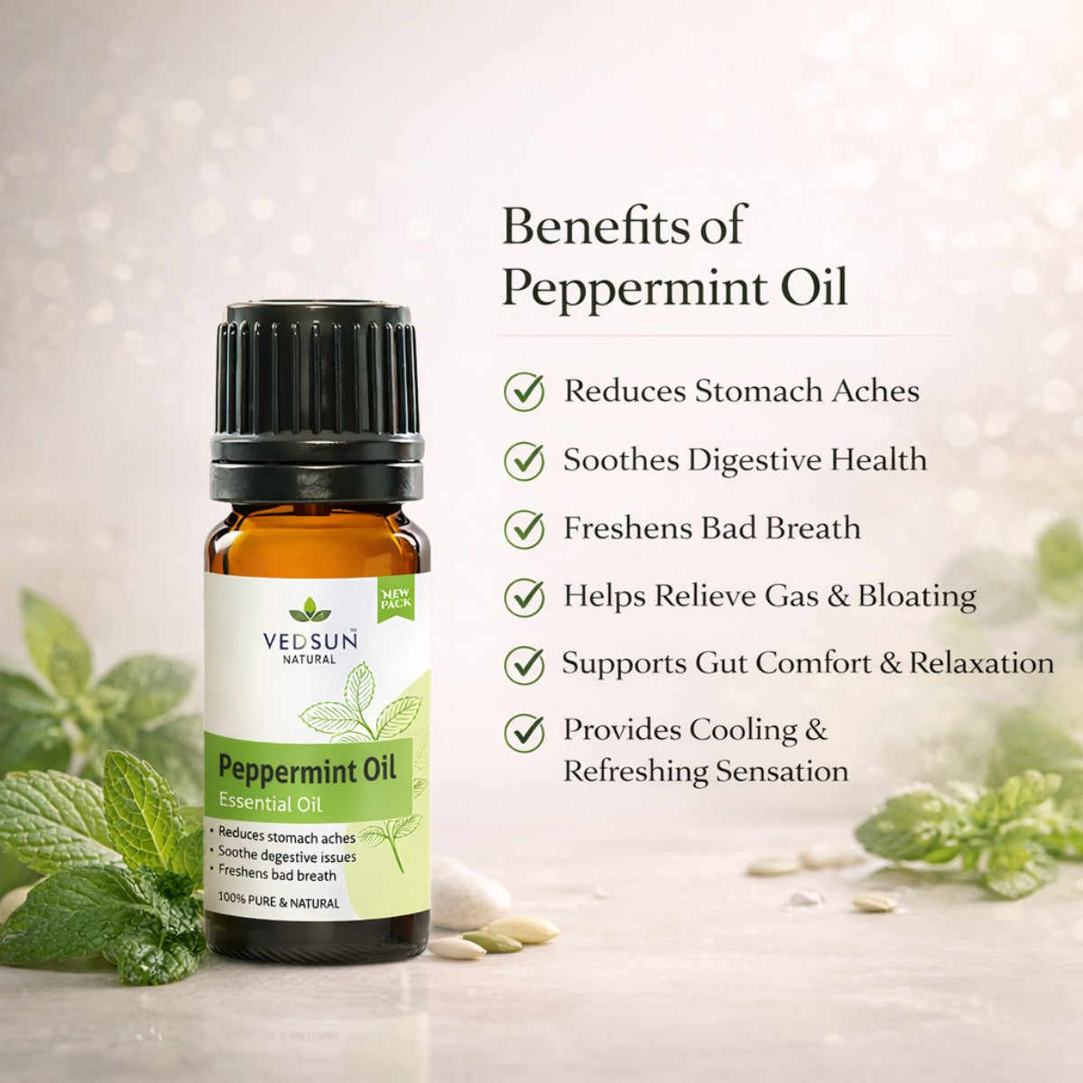 Peppermint Oil by Vedsun – 100% Pure Essential Oil for Headache, Digestion & Stress Relief