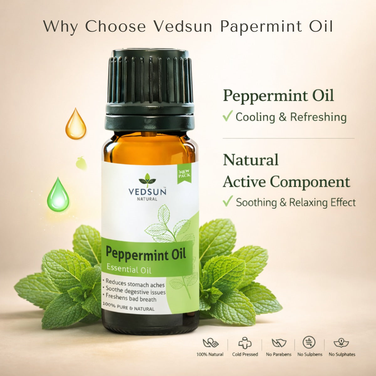 Peppermint Oil by Vedsun – 100% Pure Essential Oil for Headache, Digestion & Stress Relief
