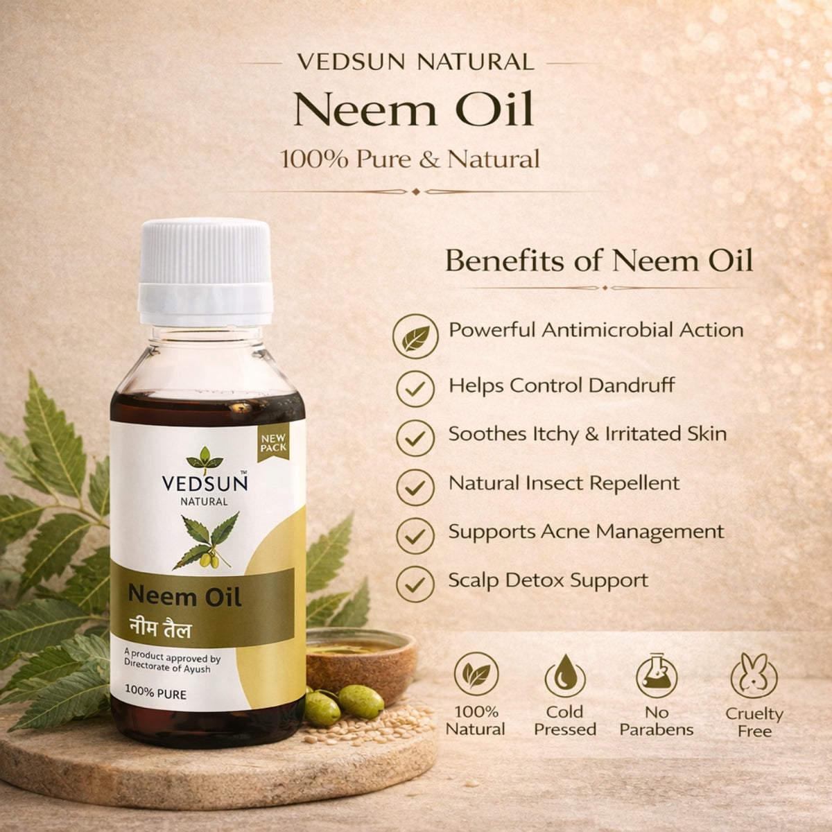 Neem Oil by Vedsun – 100% Pure Cold Pressed Oil for Acne, Dandruff & Skin Health