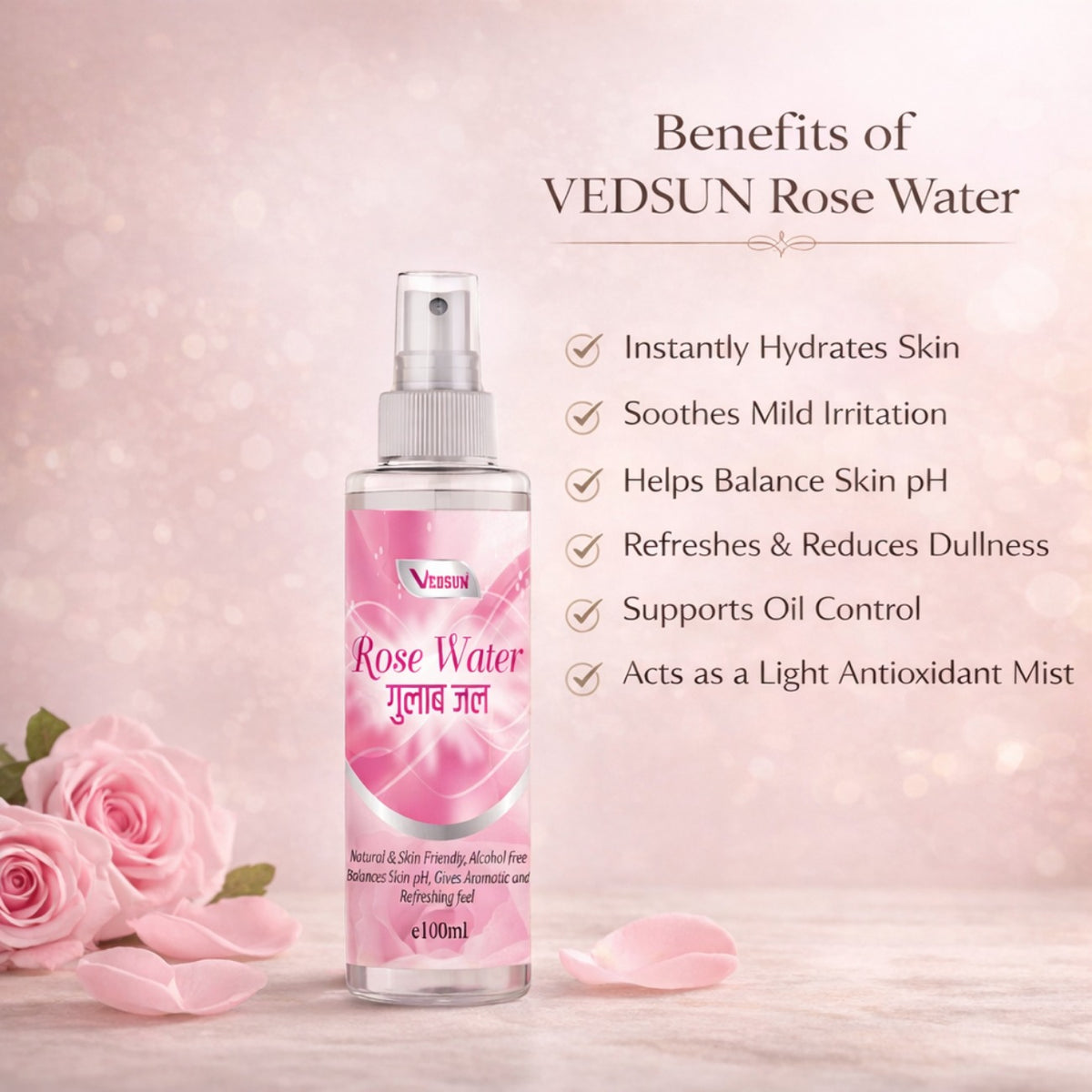 Rose Water by Vedsun – 100% Pure Gulab Jal for Skin Toner, Acne Care & Glow