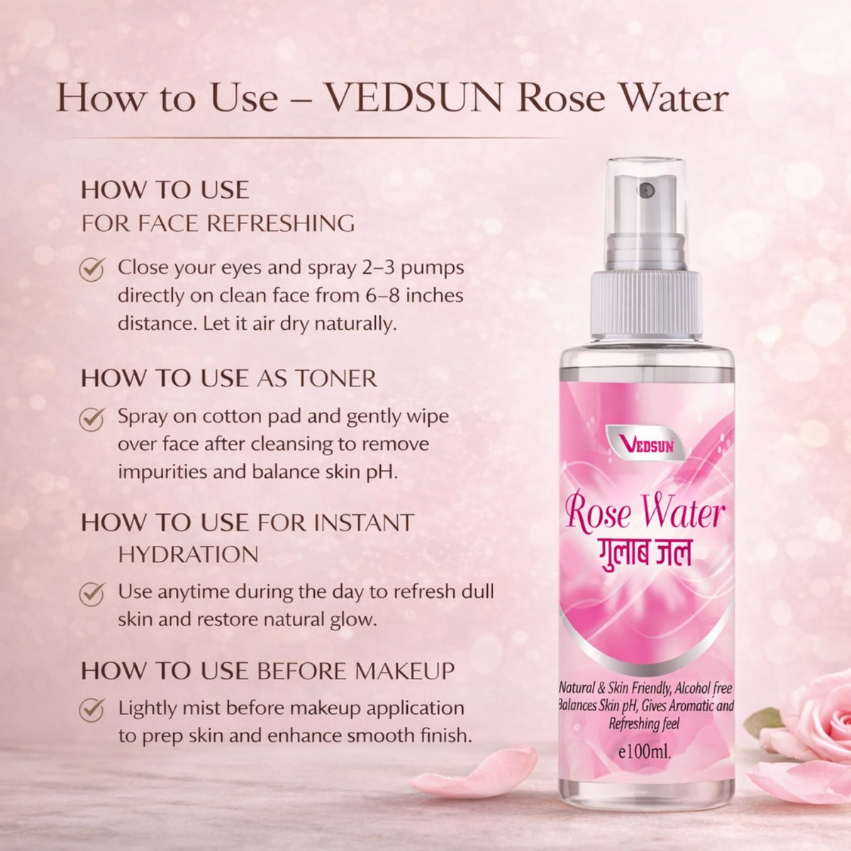 Rose Water by Vedsun – 100% Pure Gulab Jal for Skin Toner, Acne Care & Glow