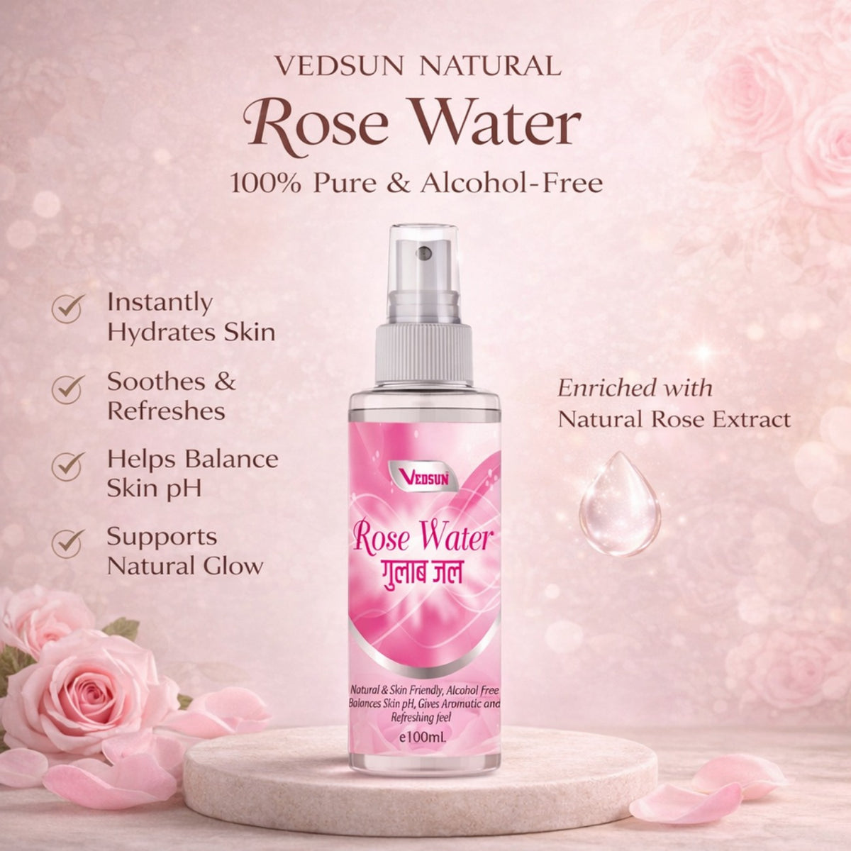 Rose Water by Vedsun – 100% Pure Gulab Jal for Skin Toner, Acne Care & Glow