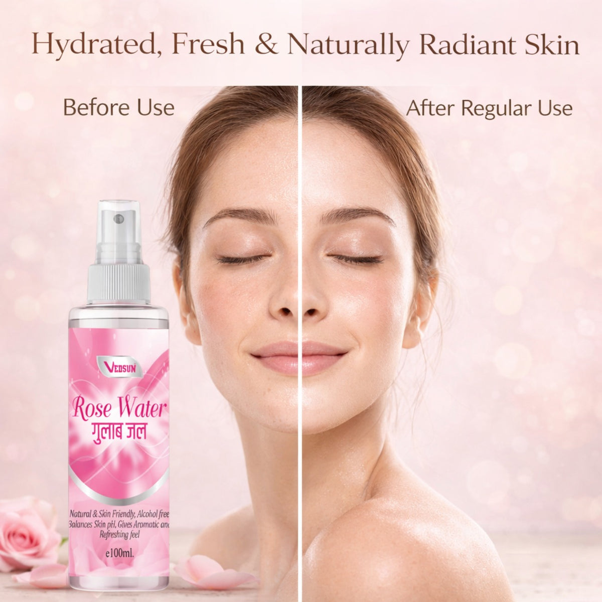 Rose Water by Vedsun – 100% Pure Gulab Jal for Skin Toner, Acne Care & Glow