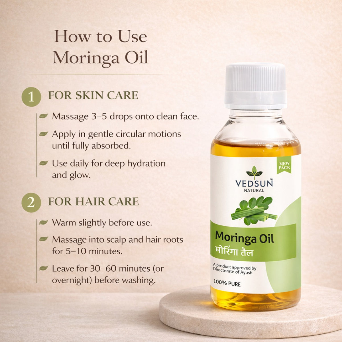 Moringa Oil by Vedsun – 100% Pure Cold Pressed Oil for Skin, Hair & Cellular Repair Support