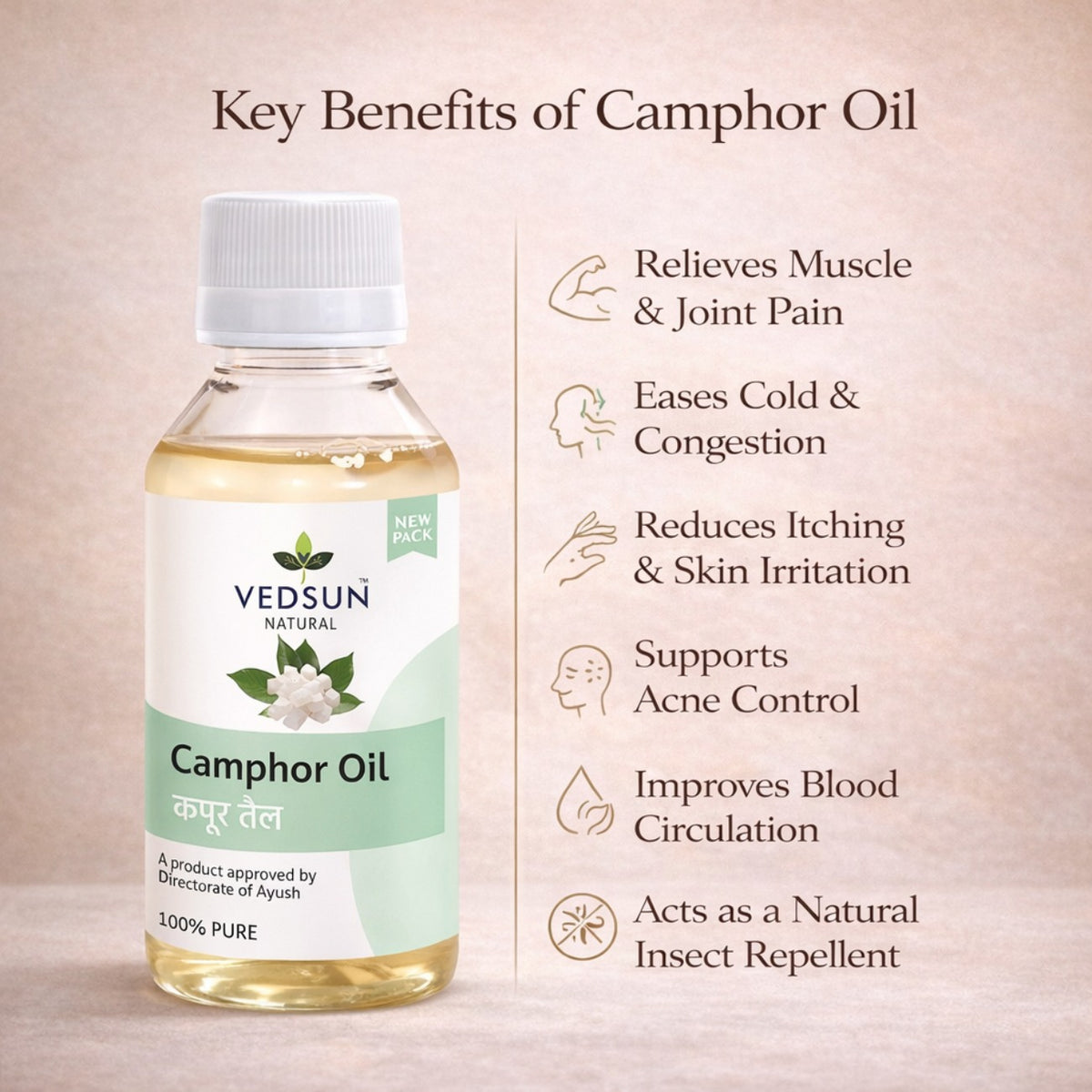 Camphor Oil by Vedsun – 100% Pure Kapoor Oil for Pain Relief, Cold & Respiratory Support