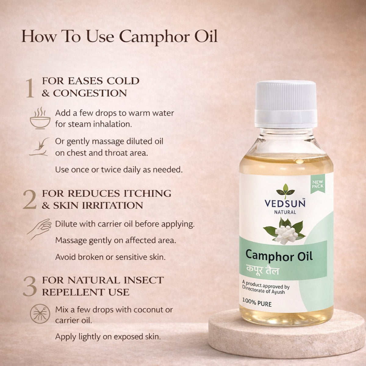 Camphor Oil by Vedsun – 100% Pure Kapoor Oil for Pain Relief, Cold & Respiratory Support