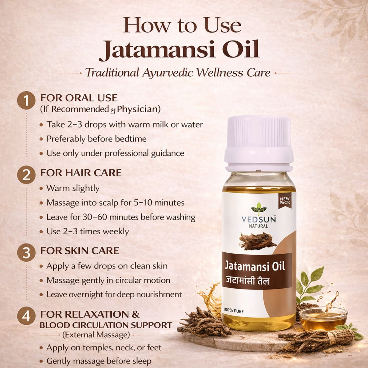 Jatamansi Oil by Vedsun – 100% Pure Spikenard Oil for Stress, Sleep & Hair Care