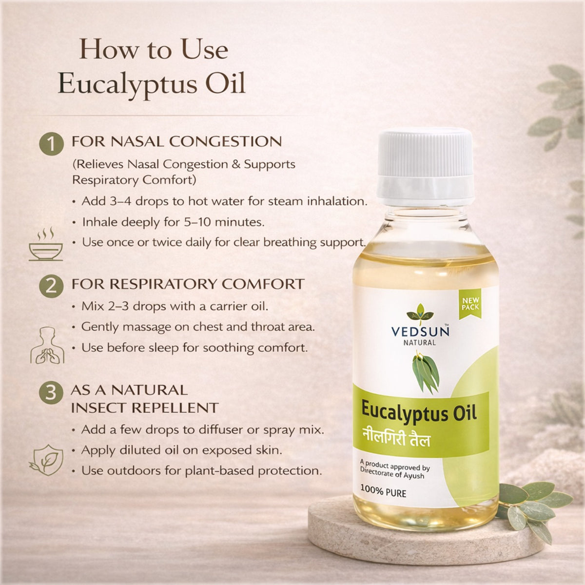 Eucalyptus Oil by Vedsun – 100% Pure Essential Oil for Cold, Pain Relief & Respiratory Support