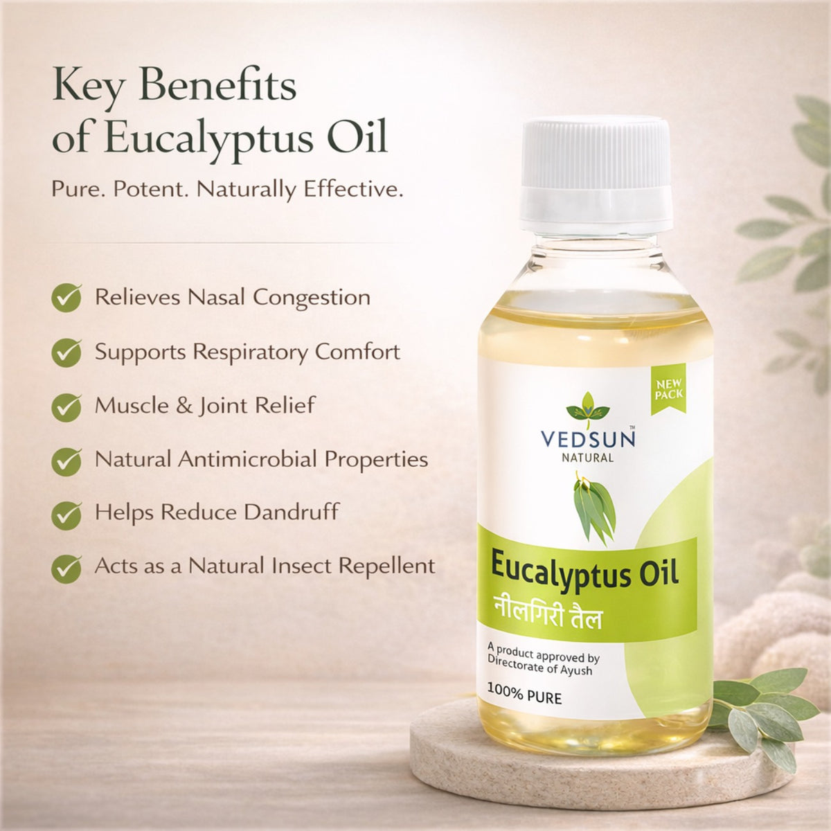 Eucalyptus Oil by Vedsun – 100% Pure Essential Oil for Cold, Pain Relief & Respiratory Support