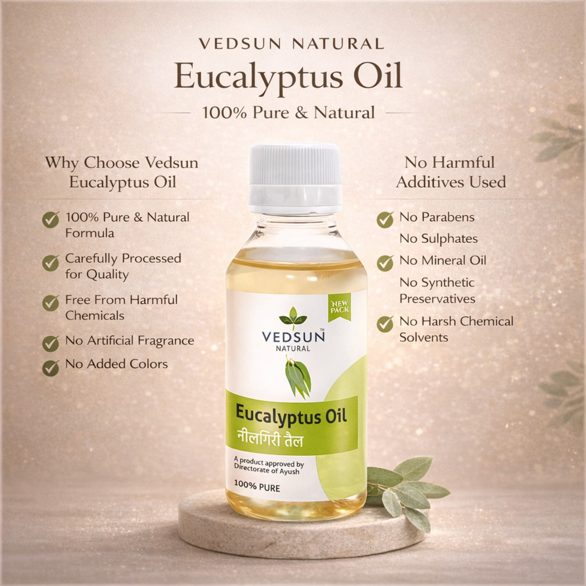 Eucalyptus Oil by Vedsun – 100% Pure Essential Oil for Cold, Pain Relief & Respiratory Support