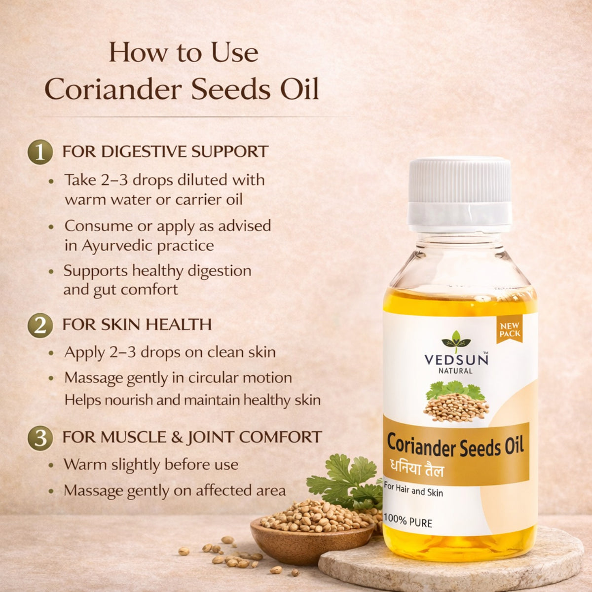 Coriander Seed Oil by Vedsun – 100% Pure Dhaniya Oil for Digestion, Skin & Aromatherapy