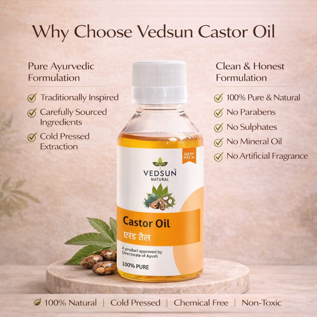 Castor Oil by Vedsun – 100% Pure Cold Pressed Oil for Hair Growth & Skin Nourishment