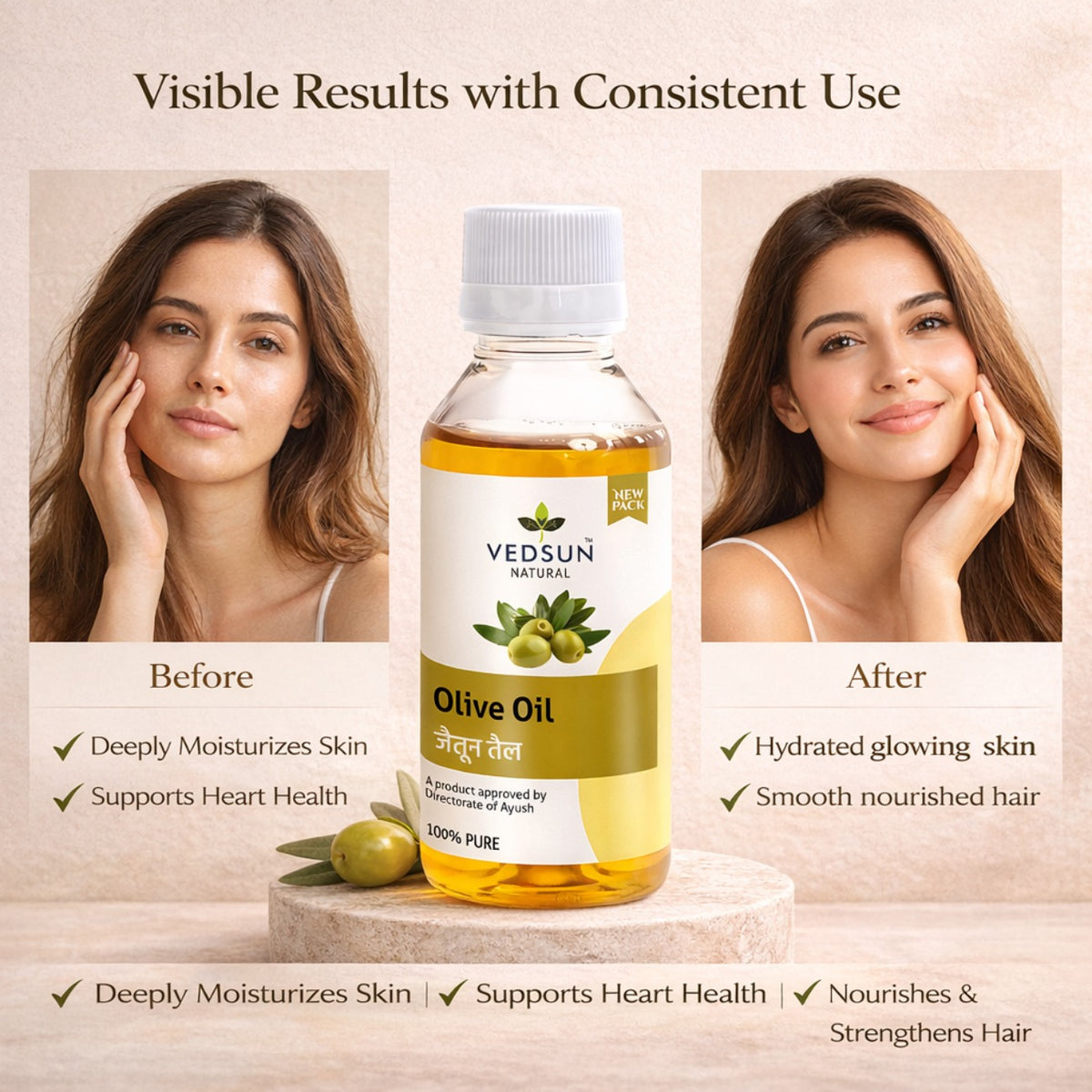Olive Oil by Vedsun – 100% Pure Extra Virgin Oil for Cooking, Hair & Skin Care