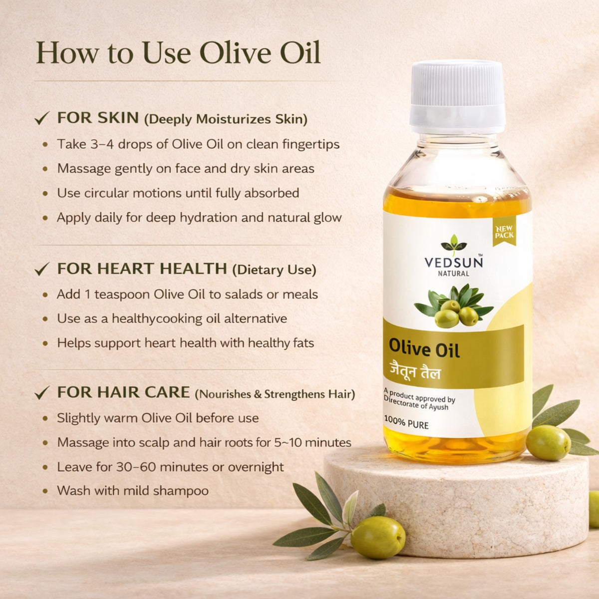 Olive Oil by Vedsun – 100% Pure Extra Virgin Oil for Cooking, Hair & Skin Care