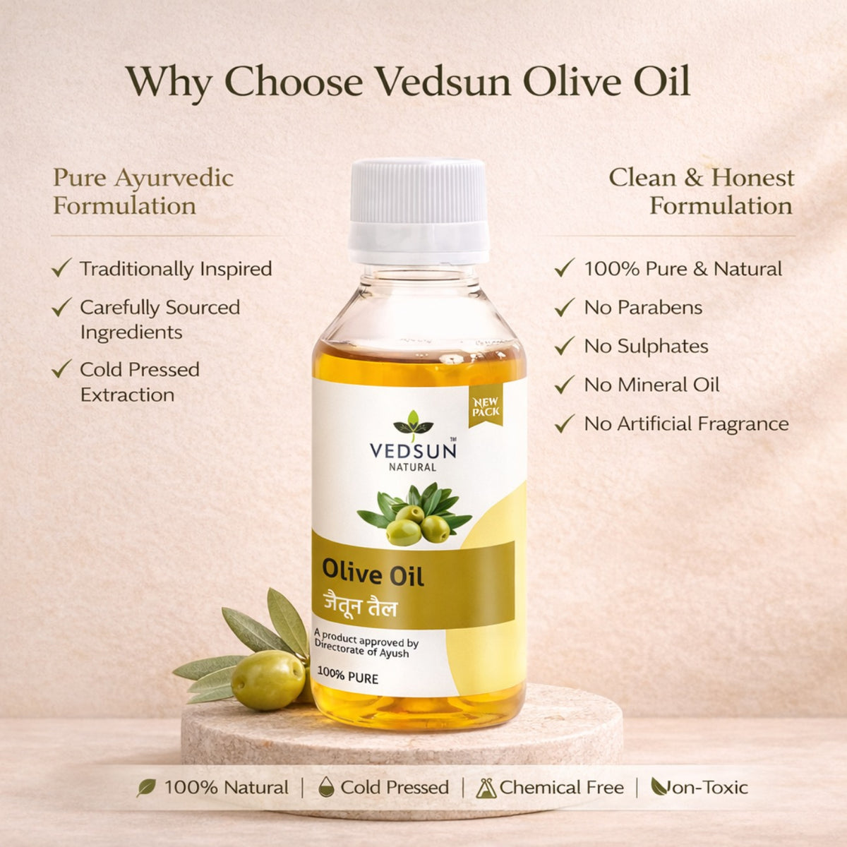 Olive Oil by Vedsun – 100% Pure Extra Virgin Oil for Cooking, Hair & Skin Care