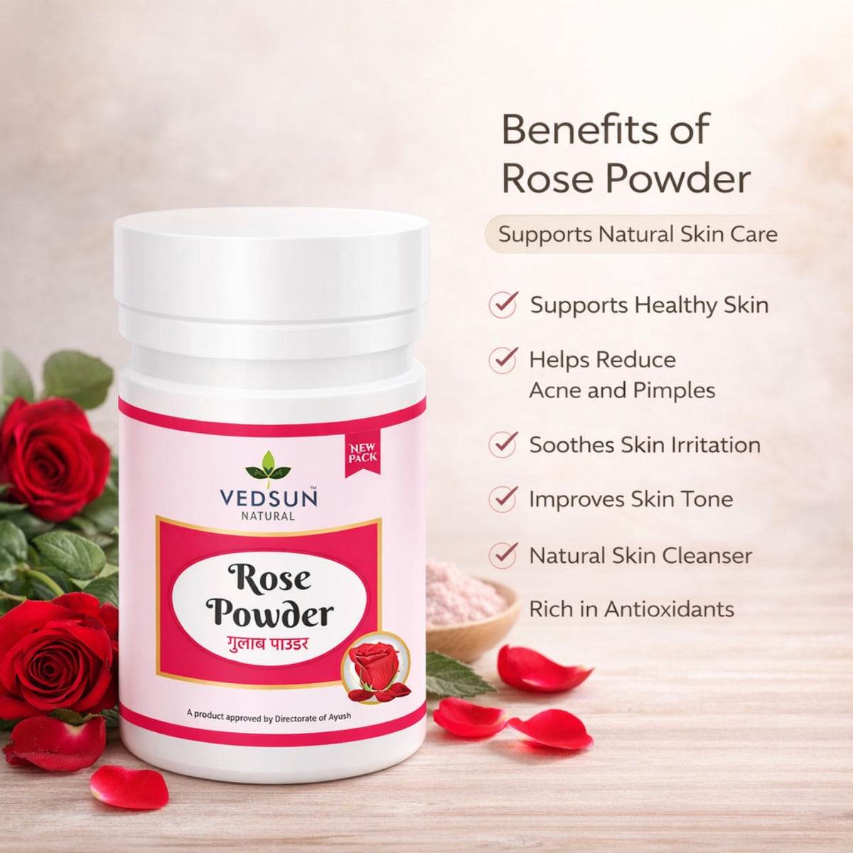 Rose Powder by Vedsun – 100% Pure Rose Petal Powder for Face Pack, Skin Glow & Care