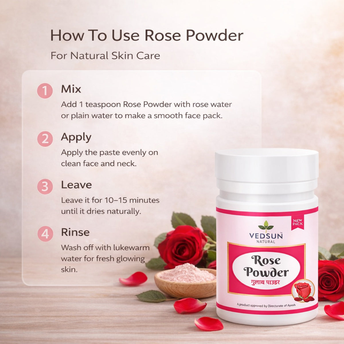 Rose Powder by Vedsun – 100% Pure Rose Petal Powder for Face Pack, Skin Glow & Care