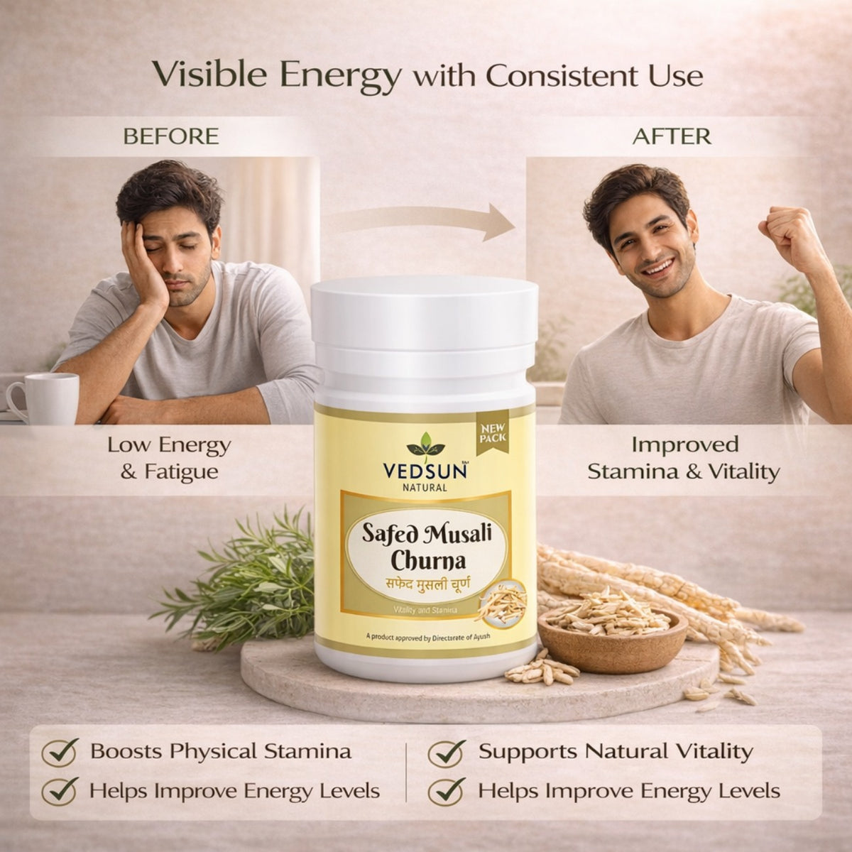 Safed Musli Churna by Vedsun – 100% Pure Powder for Stamina, Strength & Wellness