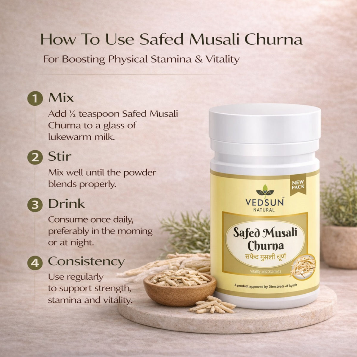 Safed Musli Churna by Vedsun – 100% Pure Powder for Stamina, Strength & Wellness