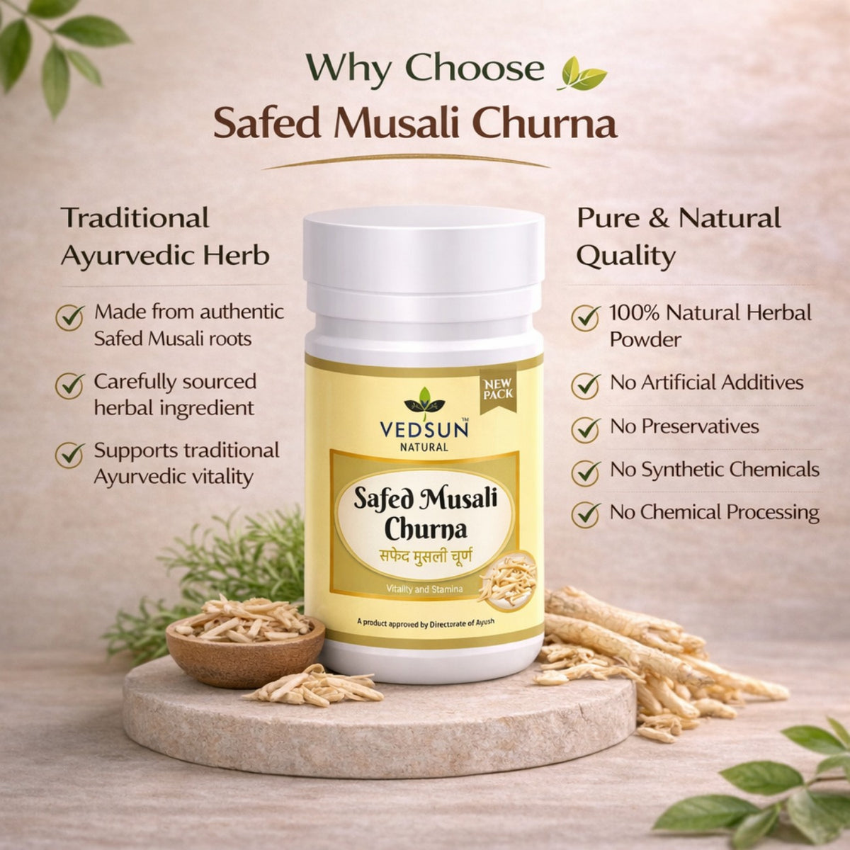 Safed Musli Churna by Vedsun – 100% Pure Powder for Stamina, Strength & Wellness