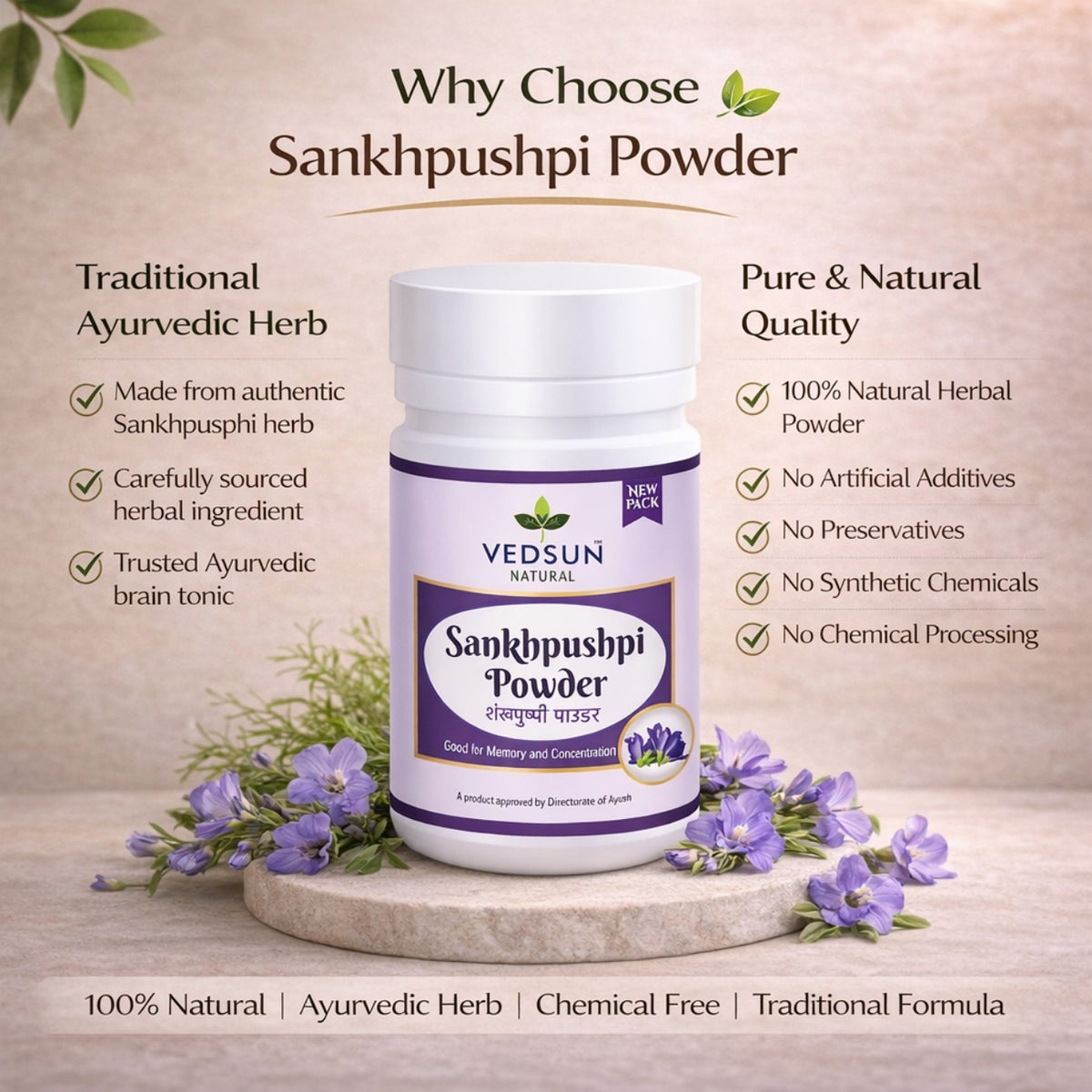 Shankhpushpi Powder by Vedsun – 100% Pure Churna for Memory, Mind Calm & Focus