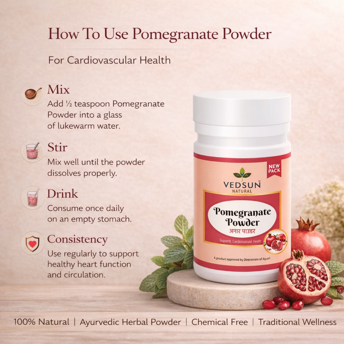 Pomegranate Powder by Vedsun – 100% Pure Anar Powder for Skin Glow & Anti-Aging Care