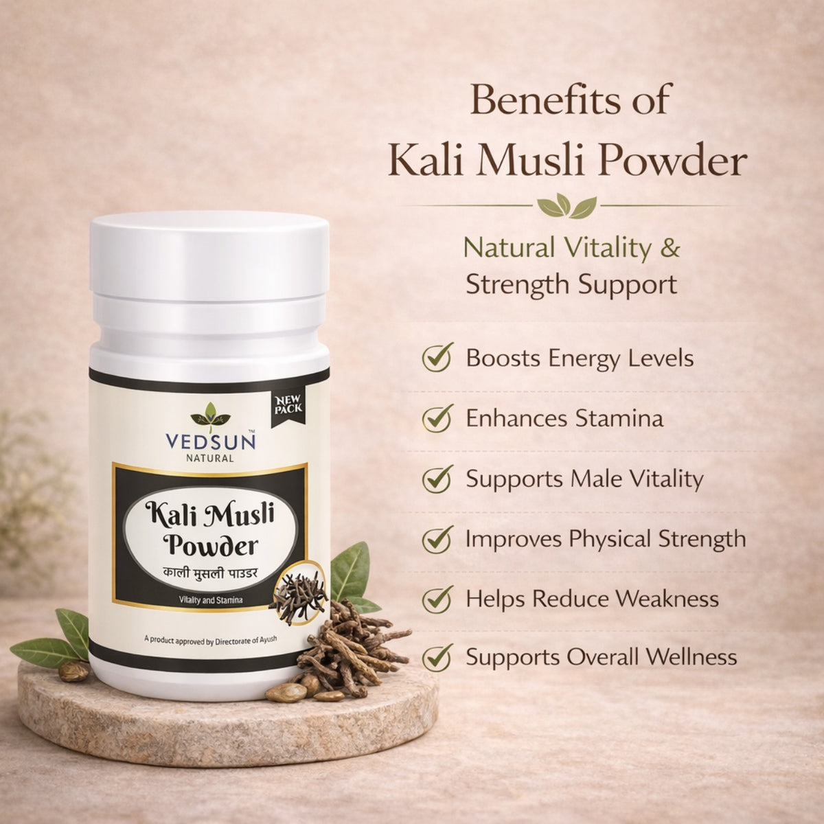 Kali Musli Churna by Vedsun – 100% Pure Black Musli Powder for Stamina & Energy Support