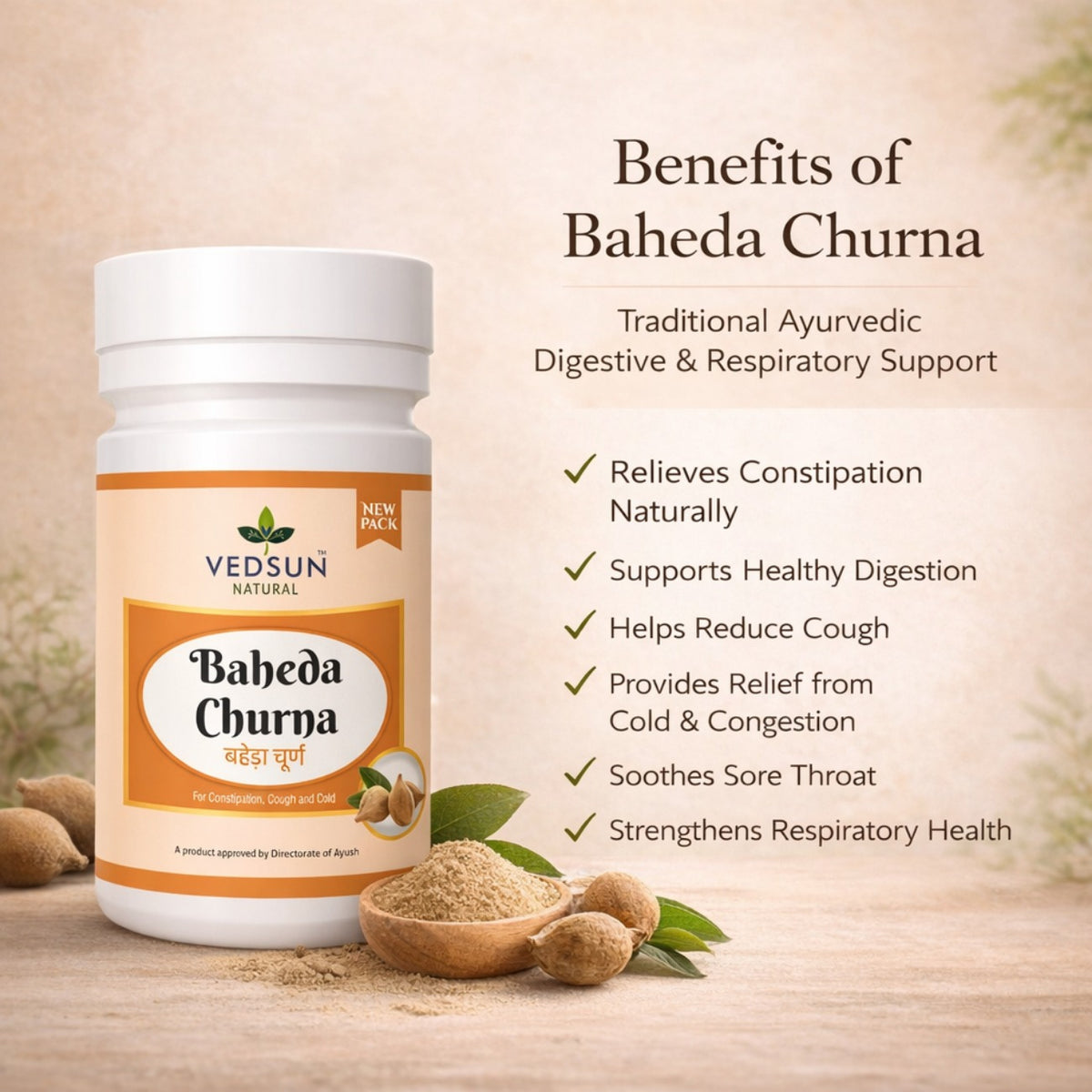 Baheda Churna 100gm by Vedsun – 100% Pure Bibhitaki Powder for Gut Health & Detox Support