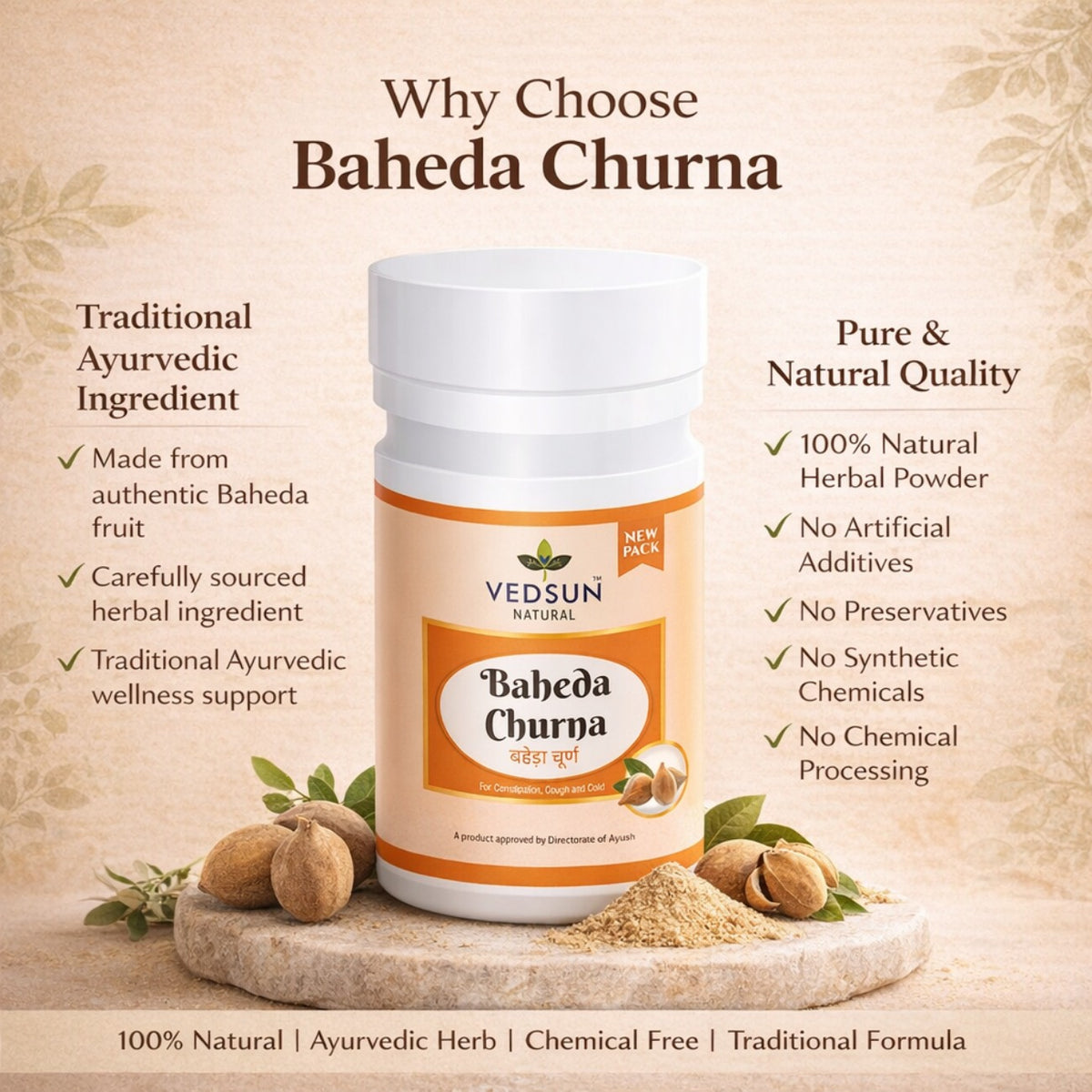 Baheda Churna 100gm by Vedsun – 100% Pure Bibhitaki Powder for Gut Health & Detox Support