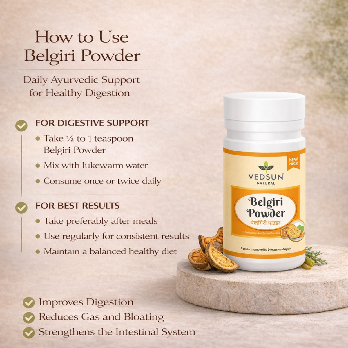 Belgiri Powder 100gm by Vedsun – 100% Pure Bilva (Bael) Powder for Gut Health & Detox Care