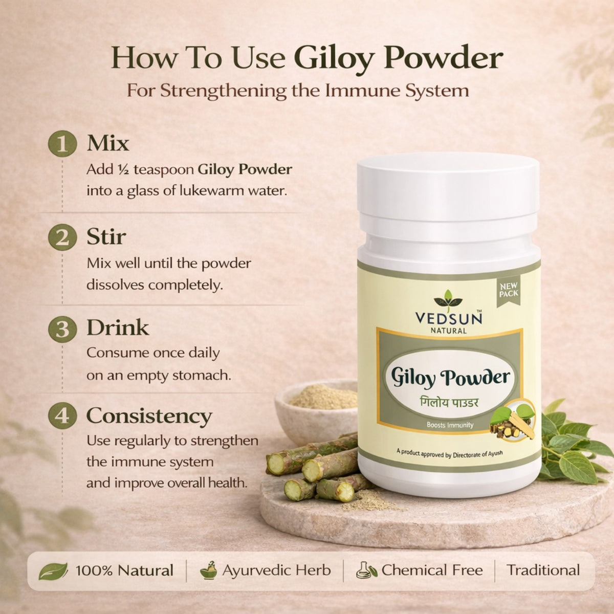 Giloy Powder by Vedsun – 100% Pure Guduchi Powder for Immunity & Detox Support