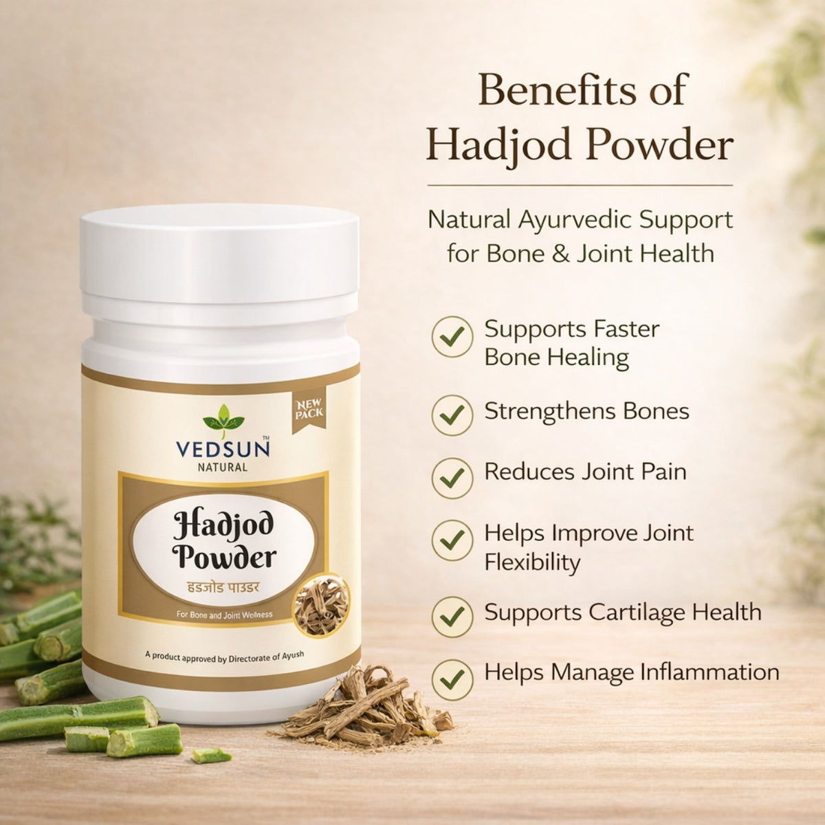 Hadjod Powder by Vedsun – 100% Pure Cissus Quadrangularis Powder for Bone Health & Strength Support