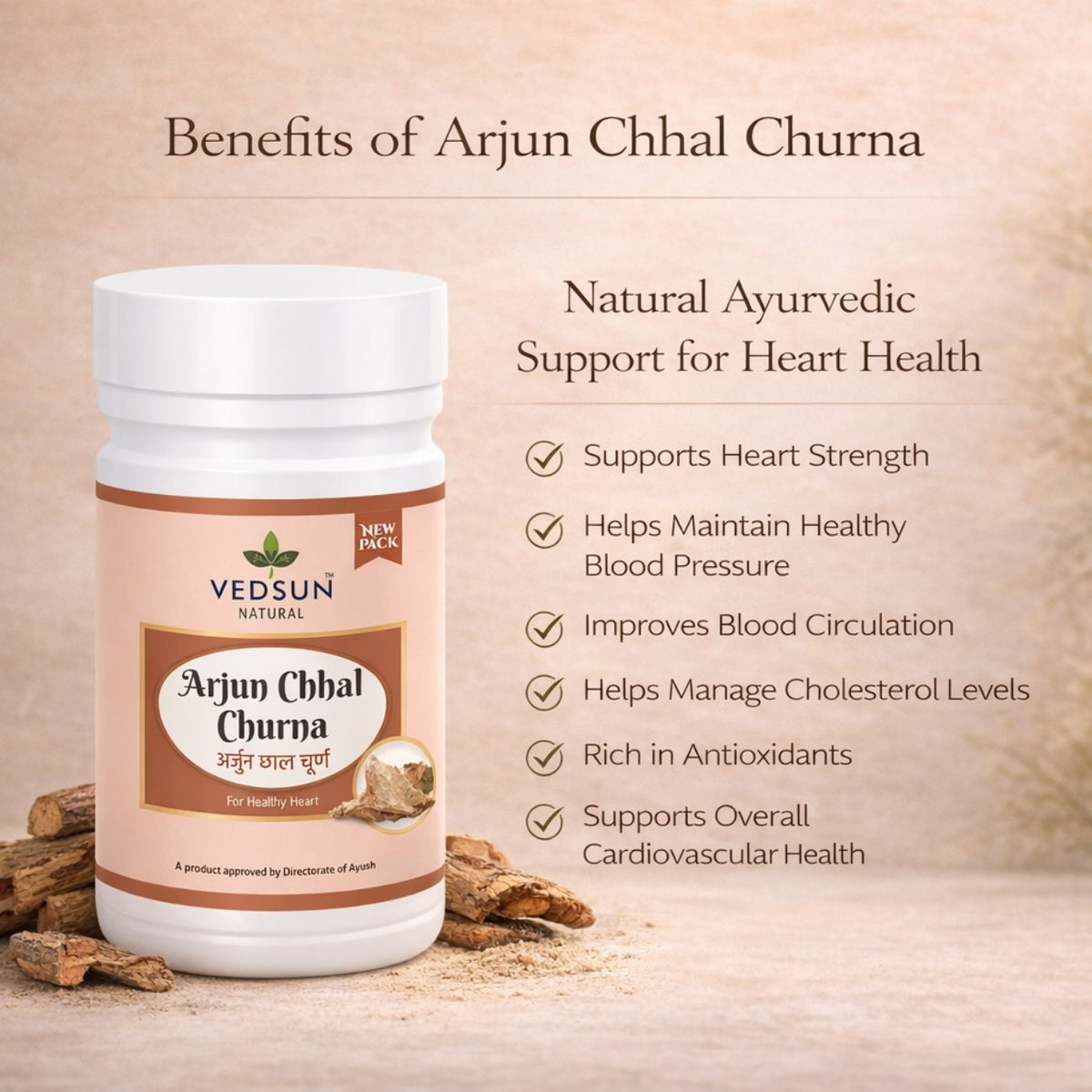 Arjun Chaal Churna 100gm by Vedsun – 100% Pure Arjuna Bark Powder for Cardiovascular & Heart Support