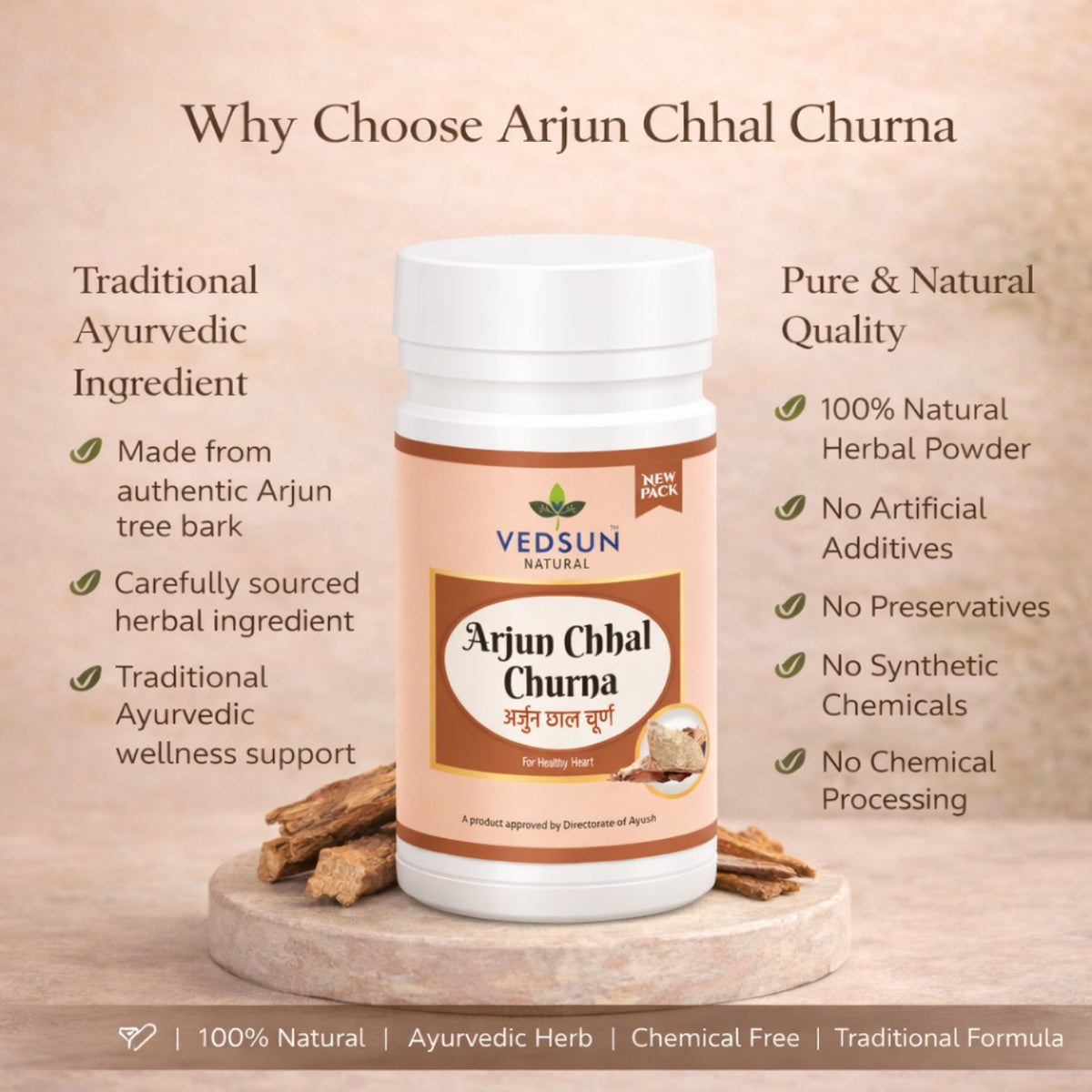 Arjun Chaal Churna 100gm by Vedsun – 100% Pure Arjuna Bark Powder for Cardiovascular & Heart Support
